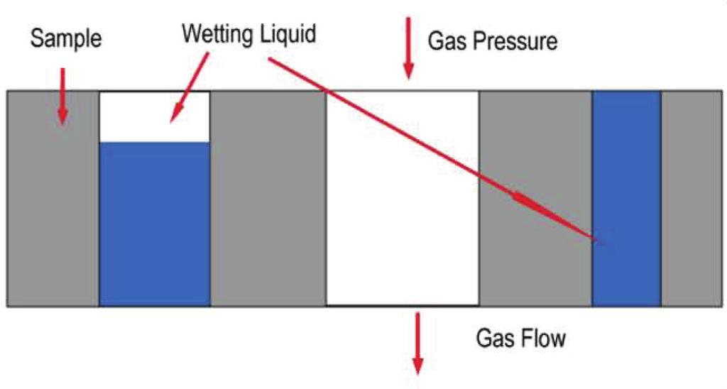 PRINCIPLE (CFP) A wetting liquid is allowed to spontaneously fill the pores in the sample and a nonreacting gas is allowed to displace liquid from the pores.