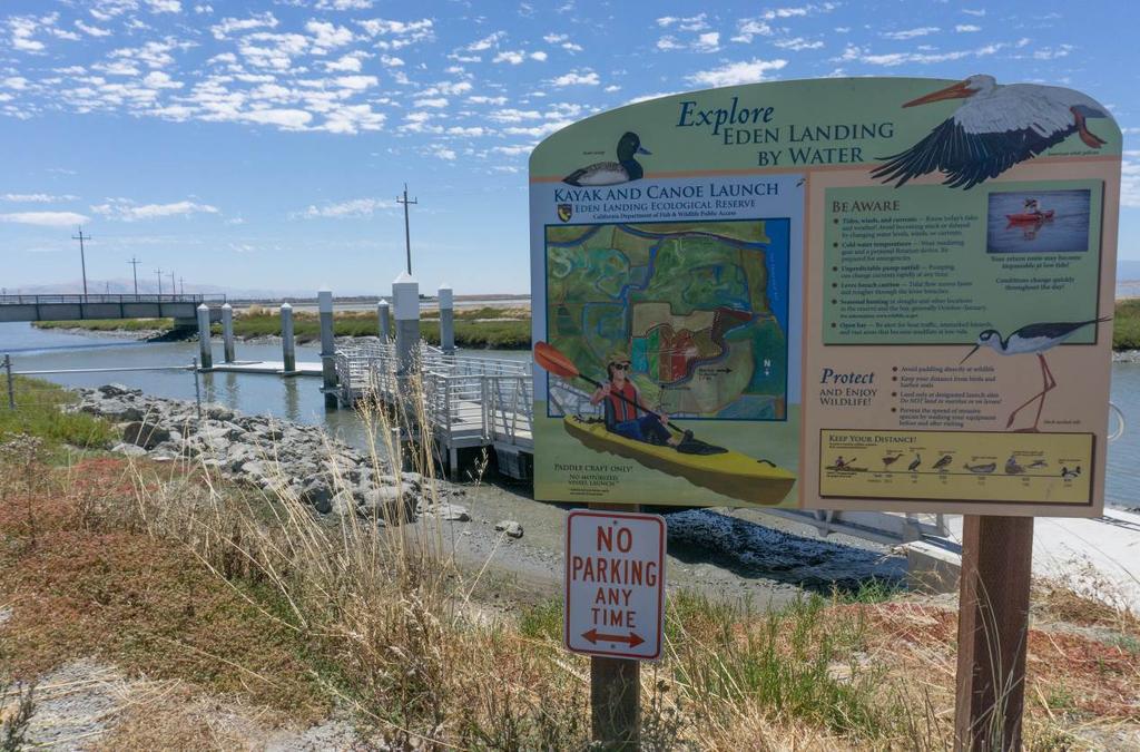 Site Description for Eden Landing Ecological Reserve 9 Education, Outreach, and Stewardship, Including Signage: There are 10 interpretive signs located near the boat launch and along the nearby