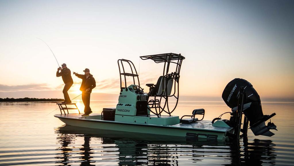 RECON is a go-anywhere premium fishing platform that delivers dry speed in rough chop, accelerates on rails in the backwater, and truly shines carrying heavier loads.