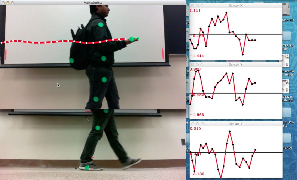 Figure 4.2: Three different stages of the walk cycle and the corresponding values of linear acceleration, as measured by a smartphone held on the palm top.