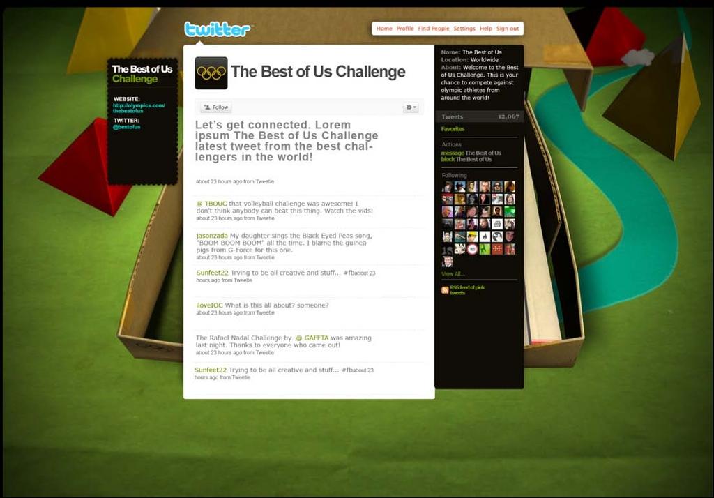 Users will have the option of becoming a fan of the Challenge on Facebook or signing up to receive Challenge Twitter feeds