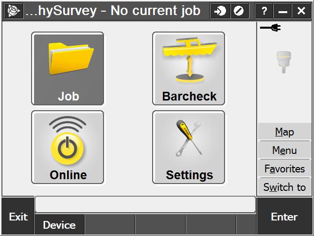 Main Screen The Bathy Survey main screen has four buttons and one soft key to choose the correct echo sounder device and communication