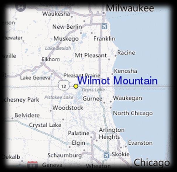 Lcatin & Quick Facts Wilmt Muntain is cnveniently lcated between Chicag and Milwaukee in Wilmt, WI. It is abut an hur drive nrth f Chicag and abut a 45 minute drive suth f Milwaukee.