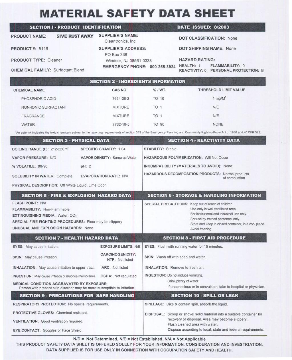 MATERAL SAFETY DATA SHEET SECTON -PRODUCT DENTFCATON DATE SSUED: 8/2003 PRODUCT NAME: SVE RUST AWAY PRODUCT #: 5116 PRODUCT TYPE: Cleaner CHEMCAL FAMLY: Surfactant Blend SUPPLER'S NAME: Cleantronics,