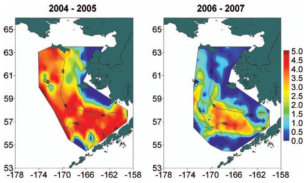 Distribution of Age-0 Walleye Pollock log e transformed catch