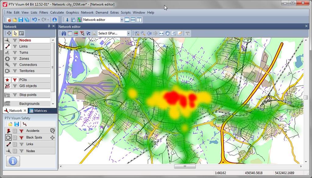 HEAT MAP OF THE CITY AREA PTV Visum Safety generates a heat map based on user accident data to
