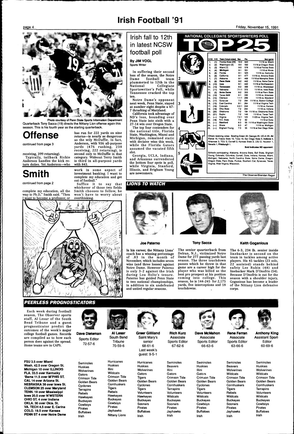 -~ - - - page 4 rish Football '91 Friday, November 15, 1991 rish fall to 12th in latest NCSW football poll Photo courtesy of Penn State Sports nformation Department Quarterback Tony Sacca (19)