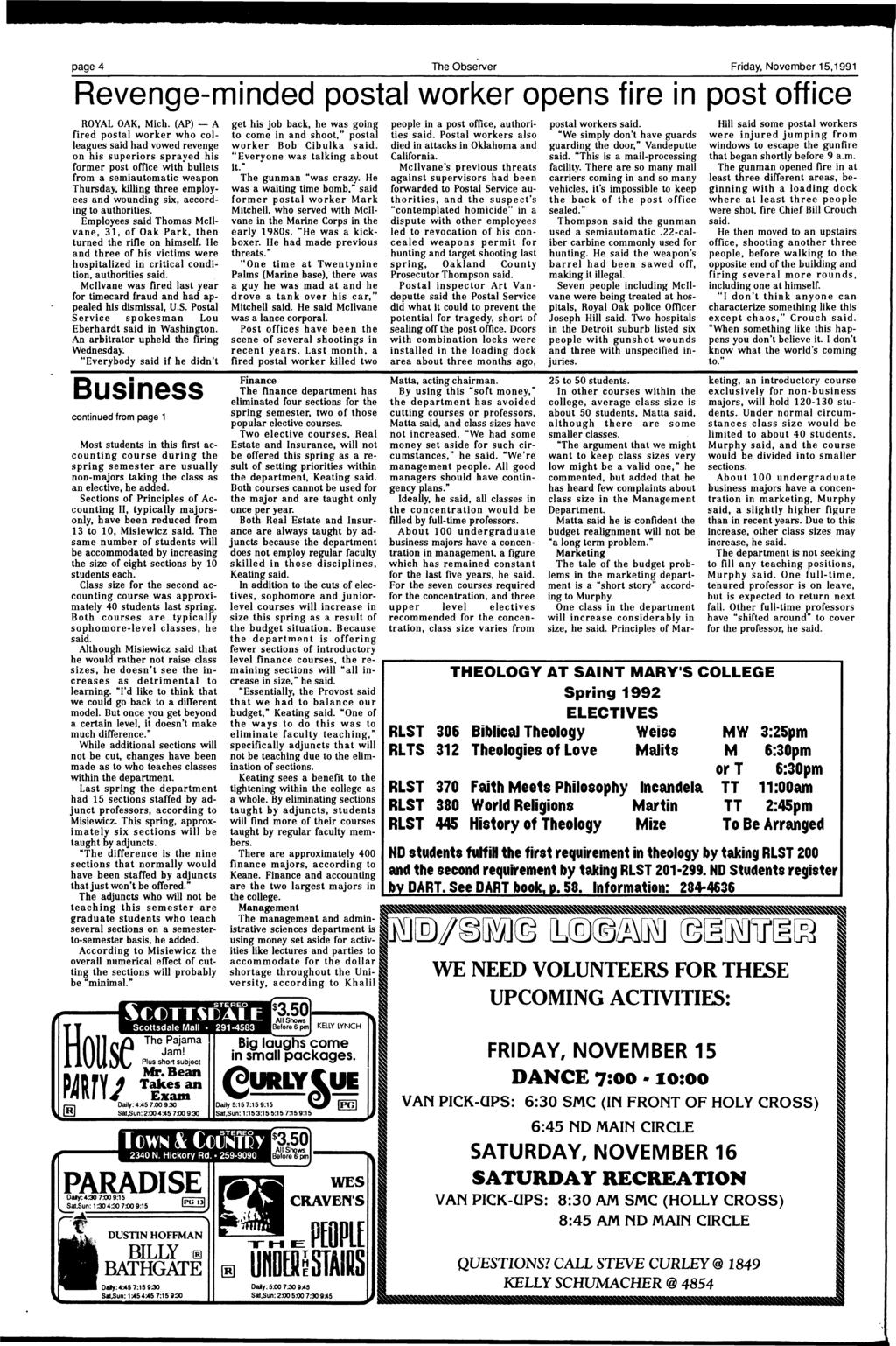 page 4 The Observer Friday, November 15,1991 Revenge-minded postal worker opens fire in post office ROYAL OAK, Mich.