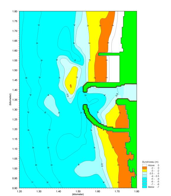 The left panel is the initial bathymetry and the right panel is the bathymetry after the storm. It appears that a water depth of about 3.