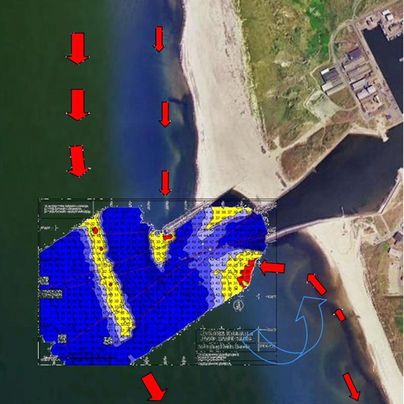 Figure 4: Typical bathymetric survey of the access channel superimposed on an aerial view of Hvide Sande harbour; the yellow colour shows depths between 3 and 4 m, red shows depths less than 3 m.