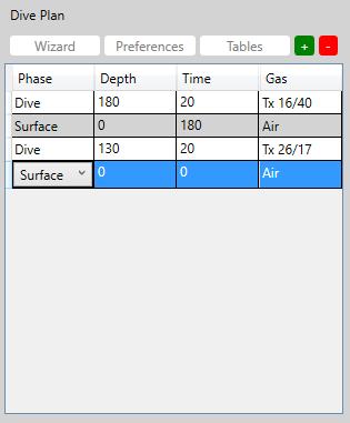 To specify the end of a dive add a Surface segment. The time is your surface interval. If you choose to breathe a gas other than air at the surface you may specify it.