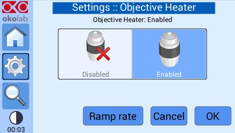6.3.3 Objective Heater Press on Objective Heater icon to enter the Objective Heater menu, see Figure 31(a).