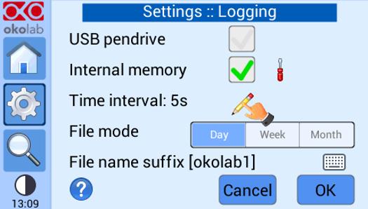 6.3.6 Logging UNO CONTROL UNIT is equipped with local memory to store the temperature and calibration data on its internal memory. These data can be then downloaded on a USB stick at user request.