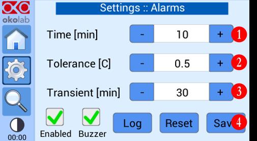 (a) Figure 55. Alarms settings. (a) How to enter the Alarm setting menu; Alarm configuration Note 7. Tip 9.