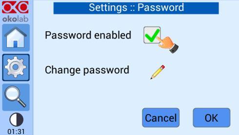the steps below: 1. Press on the Password icon, see Figure 65(a) 2. Flag the tab Password enabled as shown in Figure 65 (a) Figure 65. Password. (a) Password settings menu; password subpage Note 12.