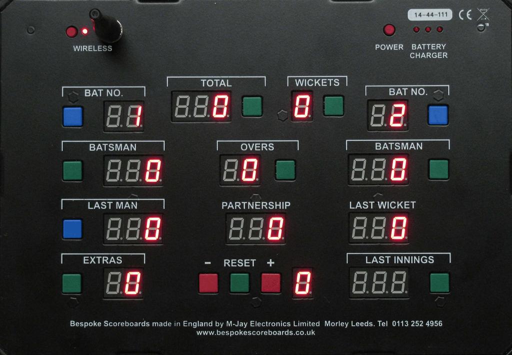 Operation Batsman Number 1 scores To add runs to Batsman Number 1's score, press and hold down the Green button next to the left hand side Batsman s Score (Batsman Number 1), press the red Plus (+)
