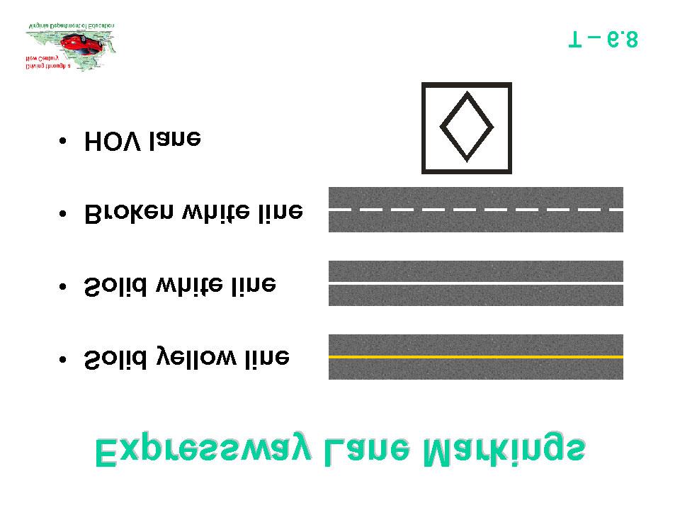 T-6.6 Common Expressway Signs Show Transparency T-6.8 Expressway Lane Markings and discuss the appropriate actions taken by a driver in response to traffic controls on an expressway. T-6.7 Common Expressway Signals Discuss with the students the maximum speed limits in Virginia.