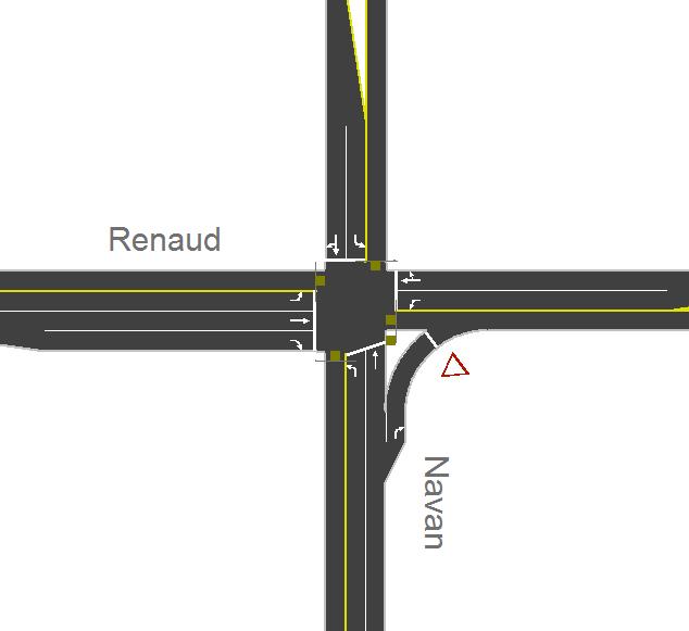 Navan/Renaud The Navan/Renaud intersection is a signalized four-legged intersection. The northbound approach consists of a leftturn lane and a shared through/channelized right-turn lane.