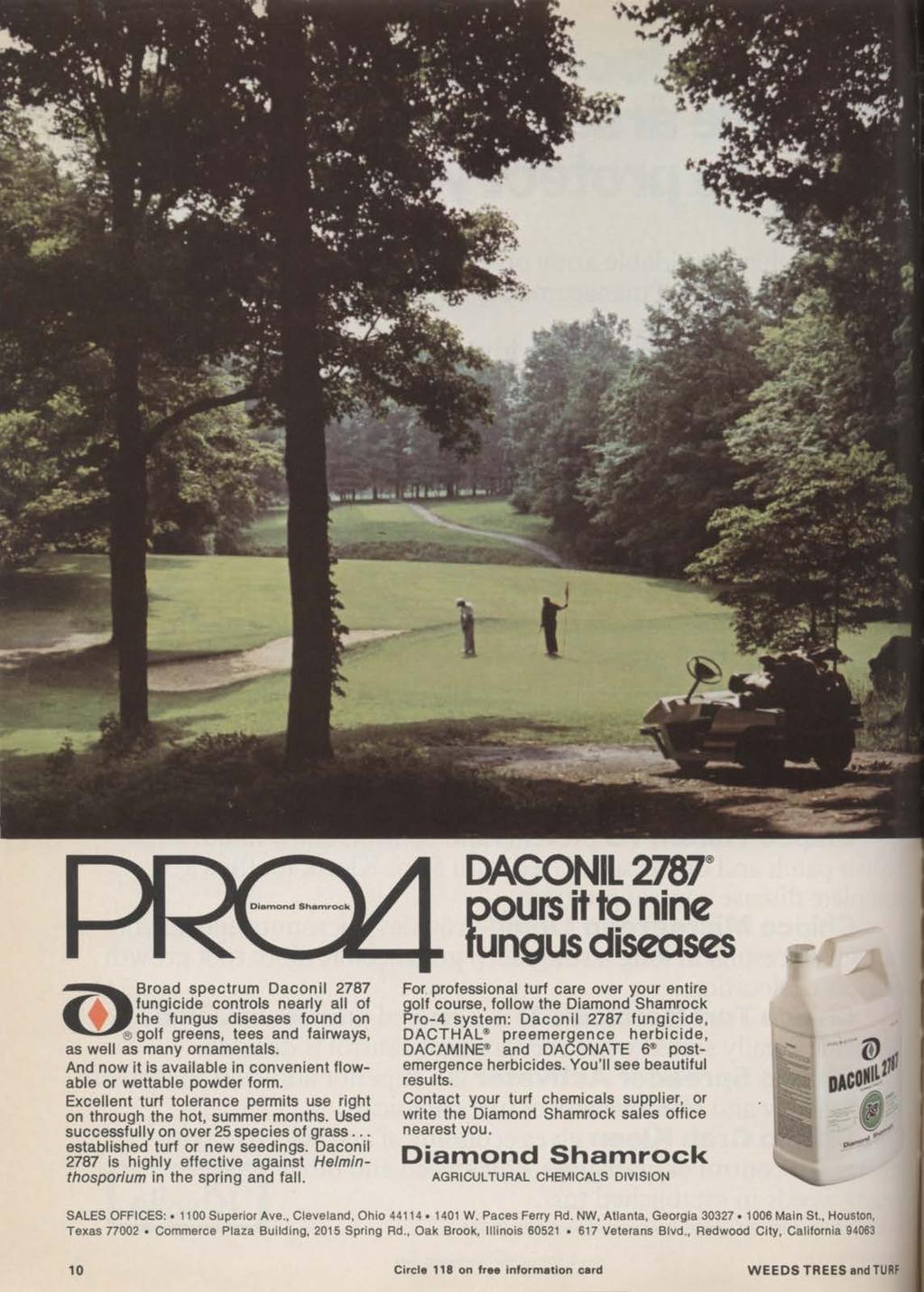 Broad spectrum Daconil 2787 fungicide controls nearly all of the fungus diseases found on golf greens, tees and fairways, as well as many ornamentals.