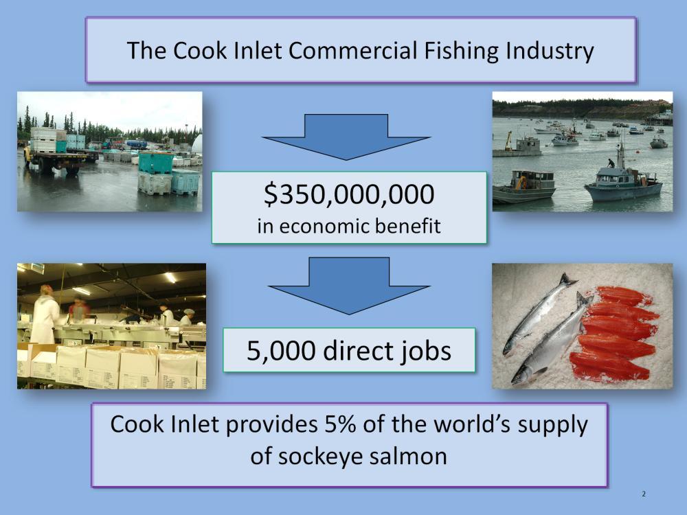 In 2013, Northern Economics conservatively valued the Cook Inlet commercial fishing industries annual contribution to the regional economy at $350,000,000, with 5,000