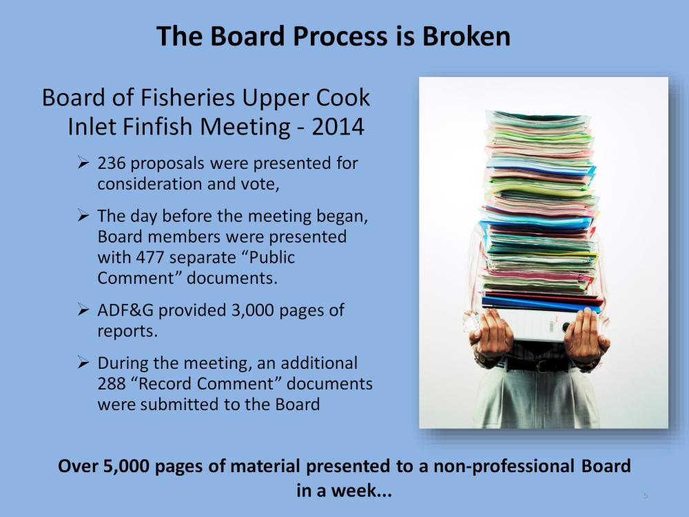 The current Board of Fisheries process is broken. Board members were buried under an avalanche of paper dumped on them in the days prior to, and during, the two-week meeting.