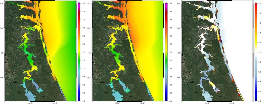 A B C Figure 10 Simulated maximum inundation extent and peak surge from Hurricane Dora under (A) currents conditions, (B) a sea level rise of 30 cm, (C) and the relative difference [Eq.