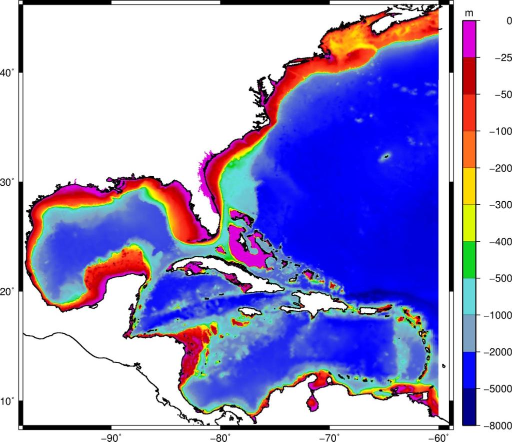 Figure 4 Bathymetry of the large-scale ADCIRC + SWAN model To study the affect of post-dredging conditions on hurricane storm surge, simulations of Hurricane Dora (1964) were performed using the