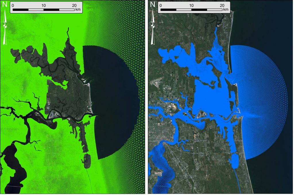 Figure 5 FEMA neflga ADCIRC+SWAN model (green) with inlet-based SJR ADCIRC model (blue) boundary removed Jacksonville St.