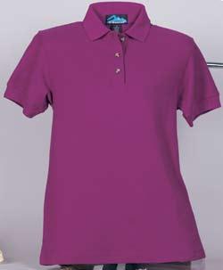 Specially cut for women. 8.2 oz. 100% combed cotton pique golf shirt. Three horn buttons in reversed placket.