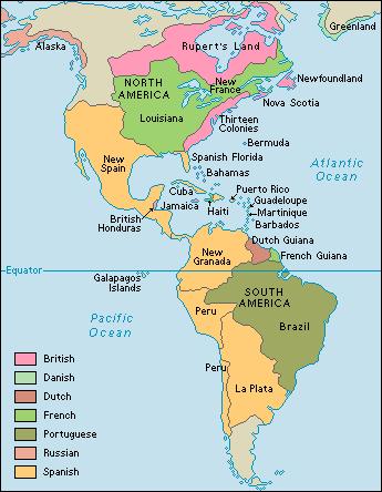 Colonialism: Americas. This map shows European colonies in the Americas around 1763. At that time, European colonies covered extensive areas in North, Central, and South America.