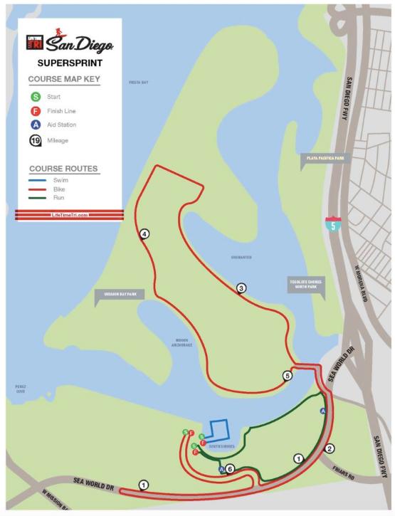 THE SUPERSPRINT COURSE Sprint athletes will complete a.24 mile swim, 6.35 mile bike and finish with a 1.65 mile run. Transition is located just east of the swim exit.