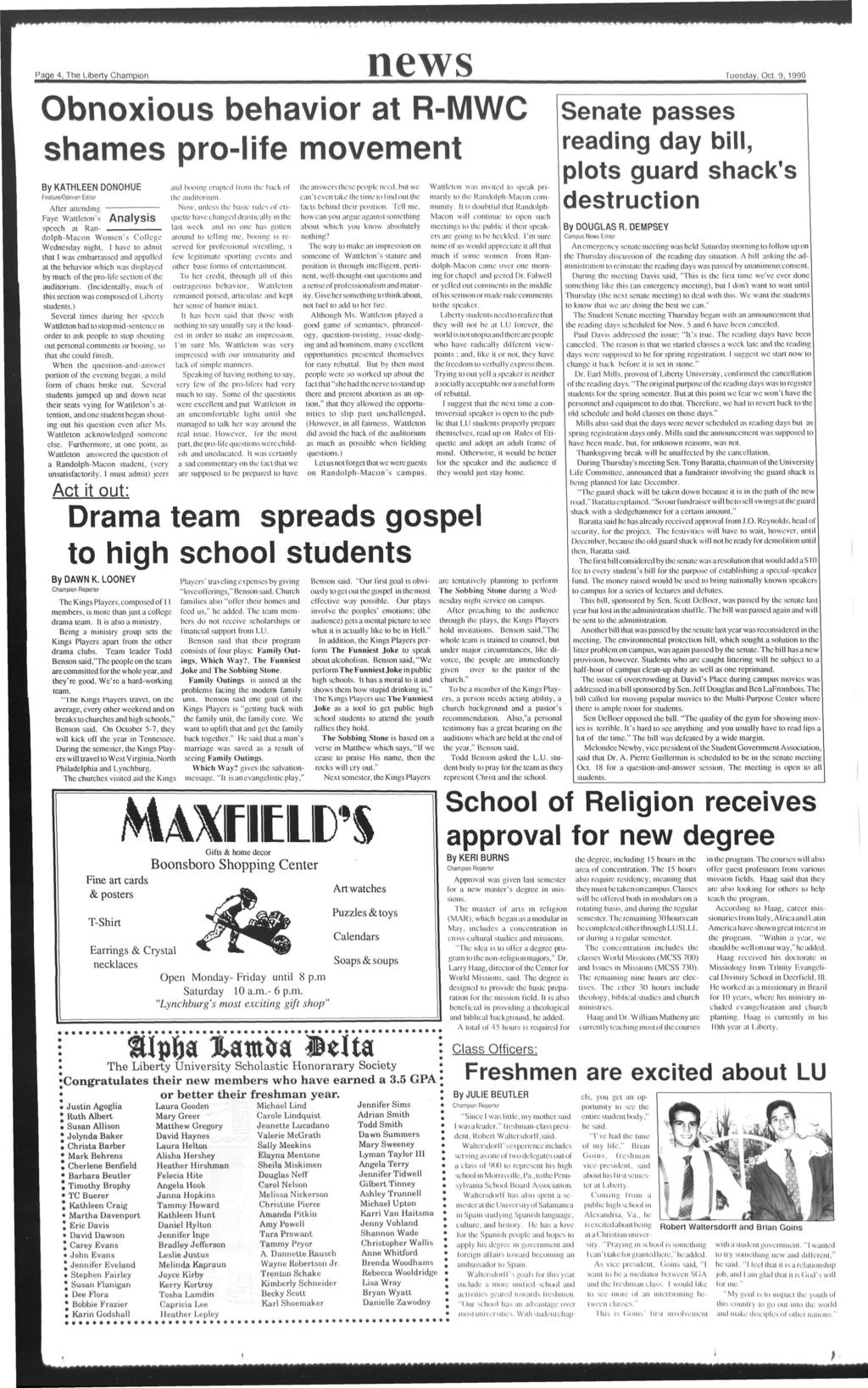 gage_yrhe^lberty Champon news Tuesday, Obnoxous behavor at R-MWC shames pro-lfe movement By KATHLEEN DONOHUE Feature/Opnon Edtor After attendng Fayc Wattleton's Analyss speech at Randolph-Macon