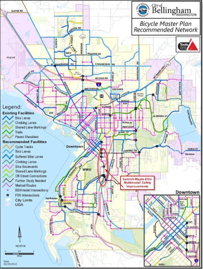 2014 Bellingham Bicycle Master Plan Network Map showing recommendation for bike lanes on the Samish-Maple-Ellis corridor