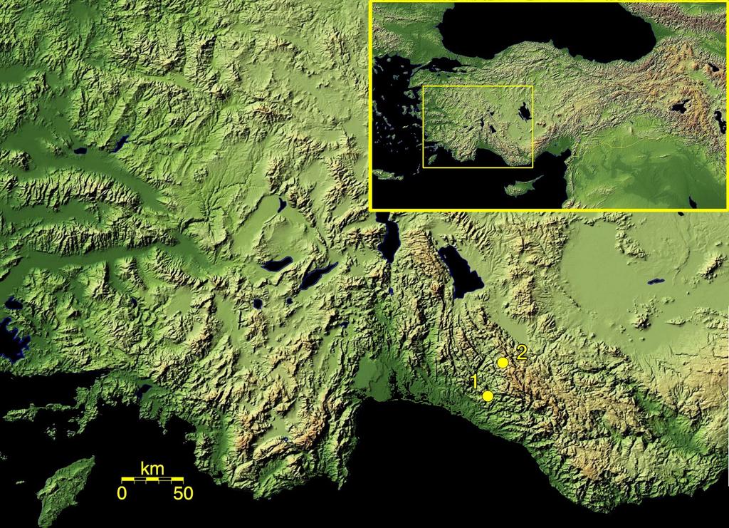 Tropea, Yağmur & Yeşilyurt: New Euscorpius from Turkey 9 Figure 28: Sampling map of Euscorpius gocmeni sp. n. 1. Murtiçi Village. 2. Irmasan Pass.