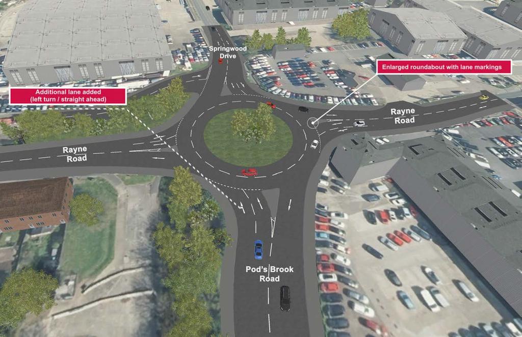 Springwood Drive Roundabout Improvements Traffic modelling has highlighted that this junction regularly operates over capacity during the afternoon peak period, when traffic queues on Rayne Road and