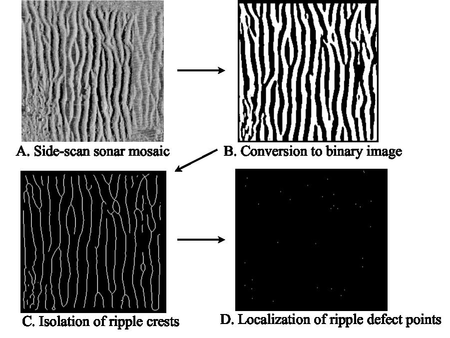 Figure 1. Stages of the finger print algorithm analysis of ripples in high-resolution side-scan sonar data. 900 khz side-scan sonar collected from the UD AUV during AUV Hydro Bootcamp 2012.