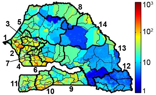 Data for model set-up High-resolution population density map [inhabitants km-2 ] (data from WorldPop project, worldpop.org.