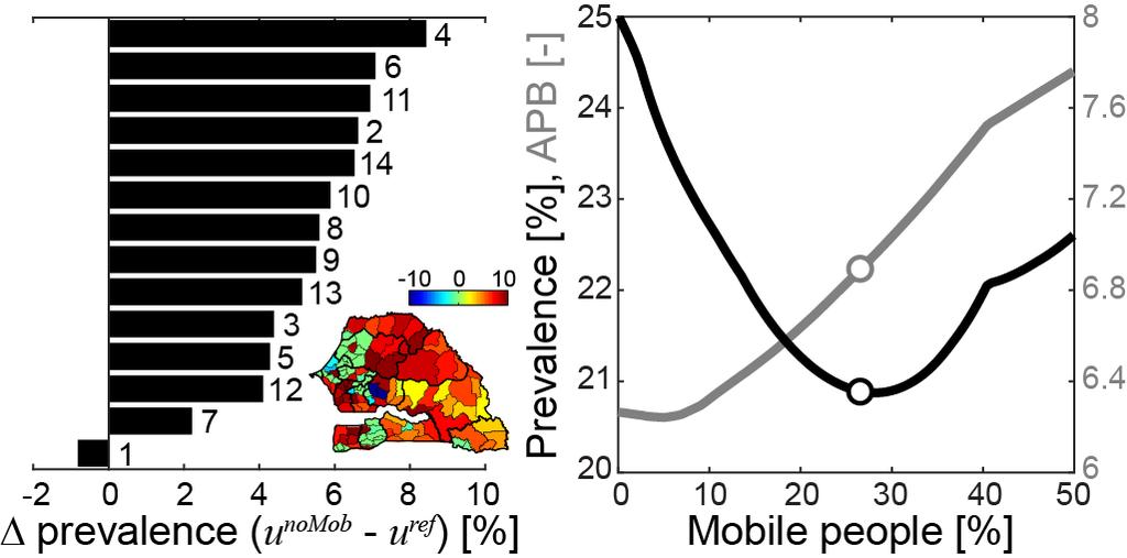 The role of human mobility Artificial manipulations of the mobility matrix show that movement may have a predominantly protective role at large (regional) spatial scales.