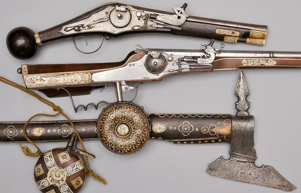 Wheel-lock puffer pistol, German, dated 1588. Weapon of the Trabant Guard squads of the Electorate of Saxony. Cross-hatched stock with Saxony-Meissen coat of arms.