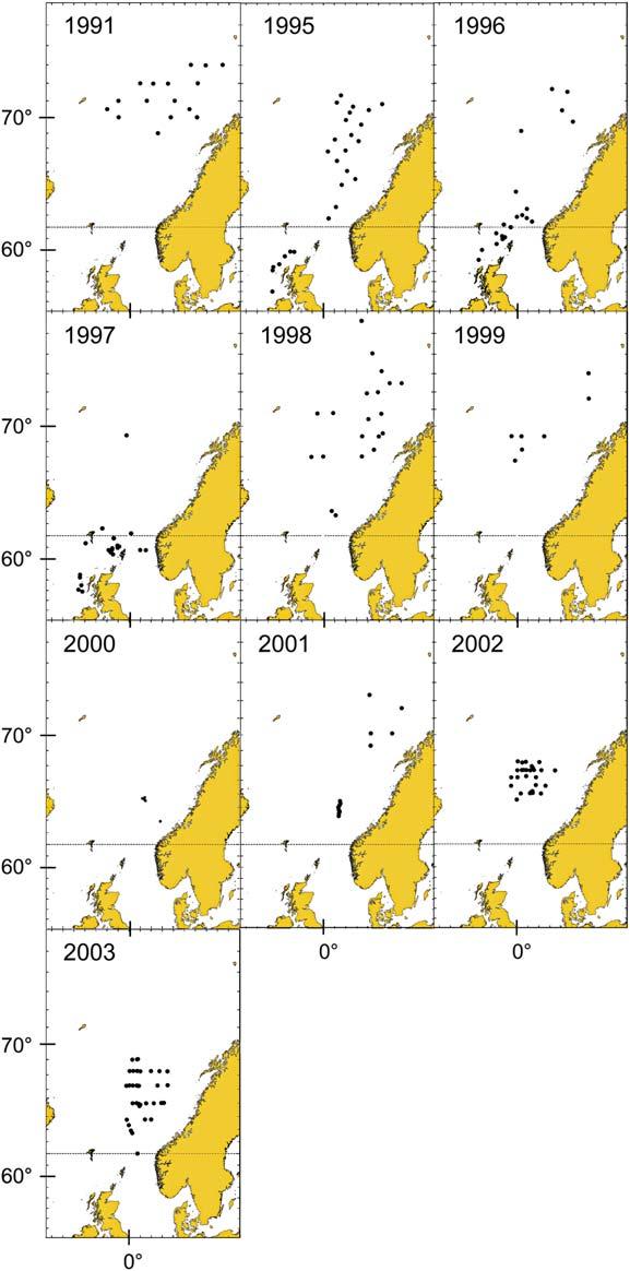 Feeding of Atlantic salmon post-smolts in NE Atlantic 1491 Figure 3. Annual geographic distribution of post-smolt captures used for the analysis. Each dot represents one trawl. year.