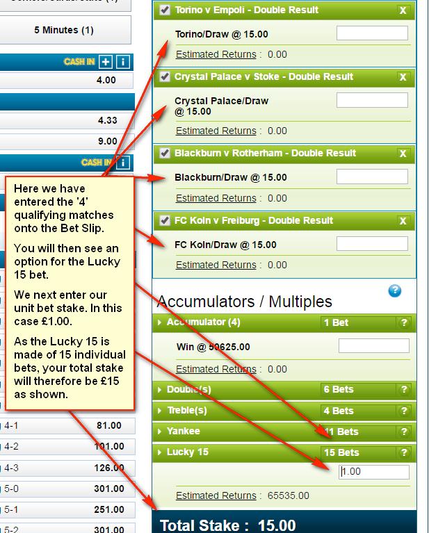 Once you have completed the above, your Bet Slip will give you the option to place a Lucky 15 bet as shown below.