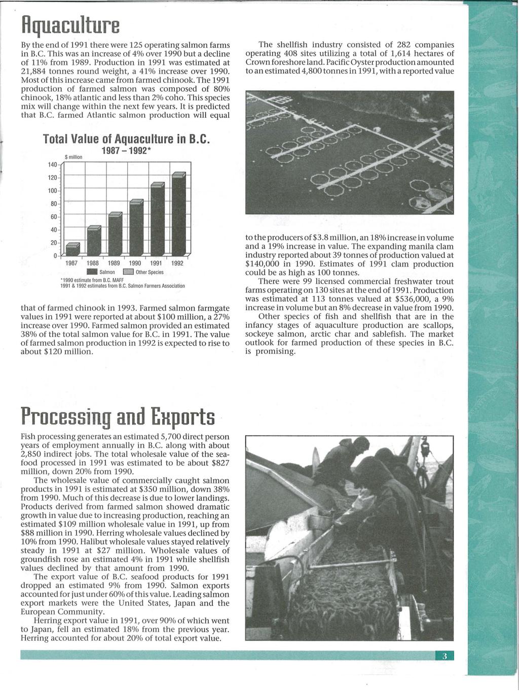 Aquaculture By the end of 1991 there were 125 operating salmon farms in B.C. This was an increase of 4% over 1990 but a decline of 11% from 1989.
