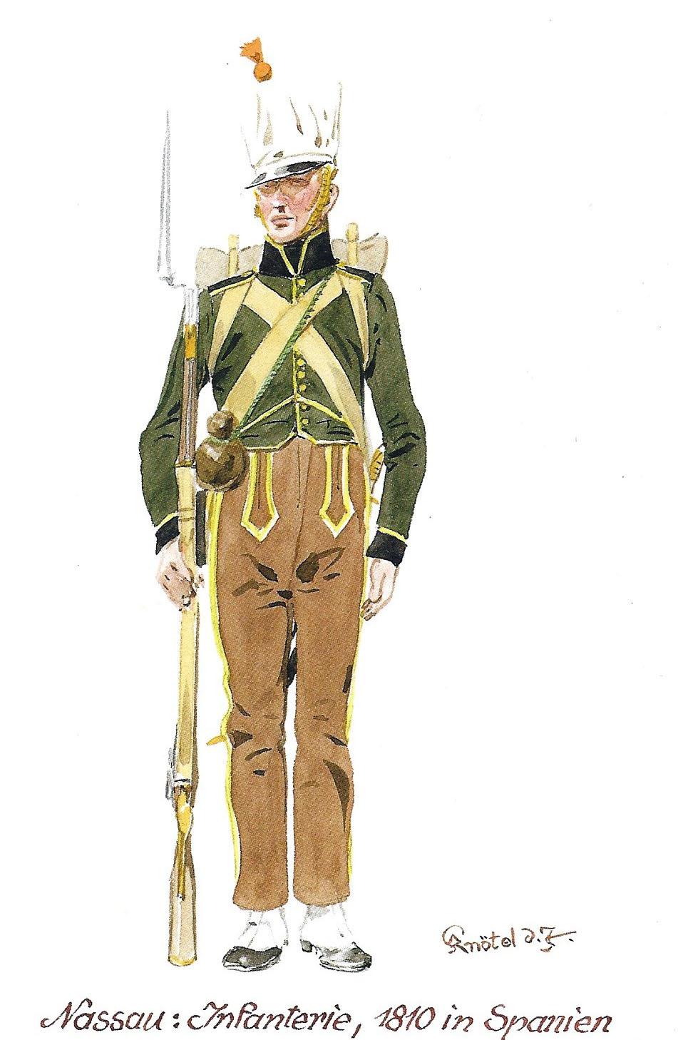 They had French -styled shakoes without cords (although some sources mention white cords) but with brass straps, a black cockade and a plume "a flamme" of the colour of the company (1st yellow, 2nd