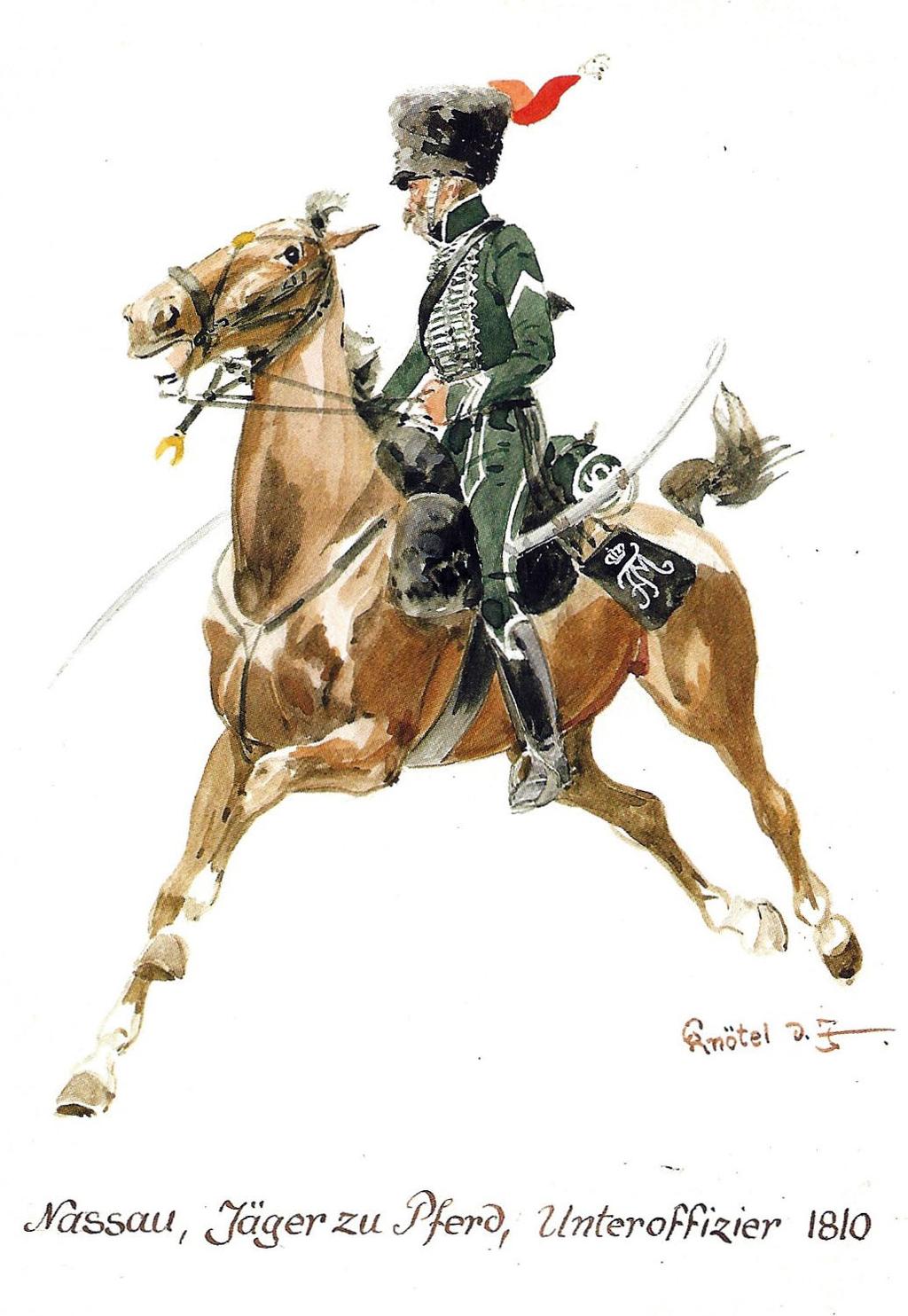 chasseurs were of black sheepskin; the officers' were of dark green cloth edged with silver lace.