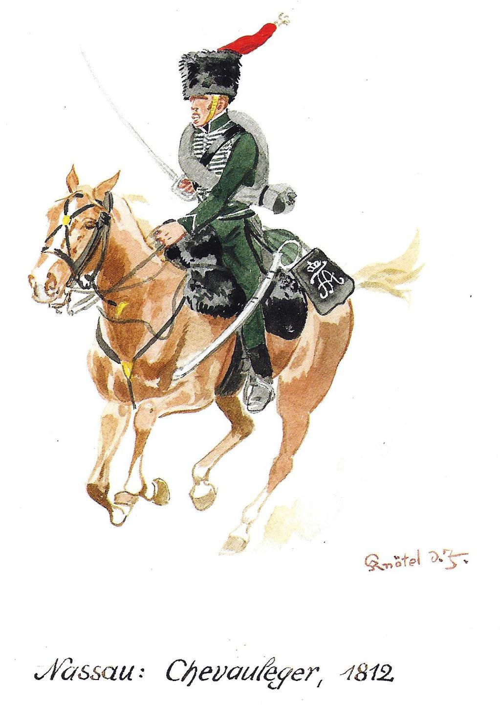 Nassau Chasseur Trooper in 1812 by Herbert Knŏtel (Courtesy of Greenhill Books) 1st Regiment of Westphalian Chevau-Légers The jacket was a green surtout with the col-lar, pointed cuffs, tum-backs and