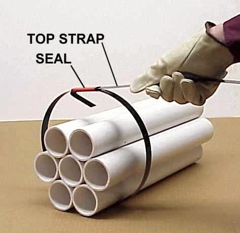 Insert the lead end of the strap into the seal. Pass the strap over the top of the package then bring the lead end around and up and rethread it into the seal.