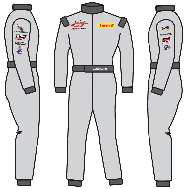 Drivers Suits FRONT CHEST BGTWC Logo - 3.50 (89mm) w X 1.84 (47mm) h Pirelli - 3.50 (89mm) w X 0.96 (24mm) h RIGHT SHOULDER CrowdStrike 3.