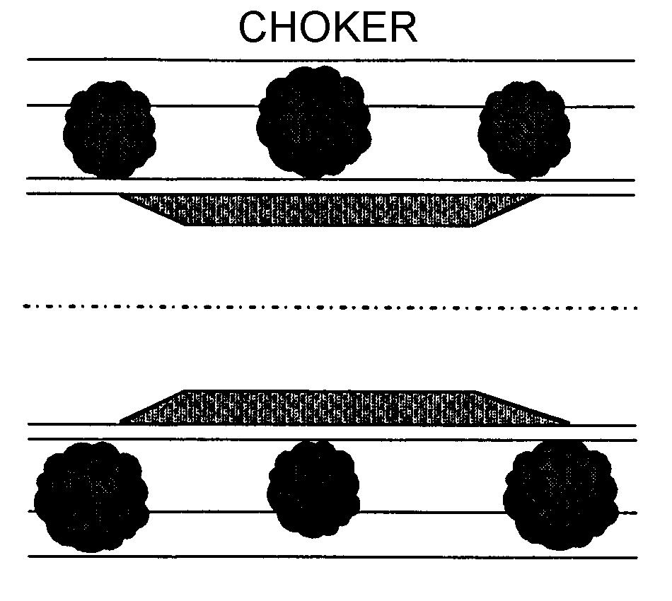Chokers (neck-downs) Chokers narrow a street at an intersection or mid-block by construction of a wider sidewalk, landscape strip, or gateway treatment.