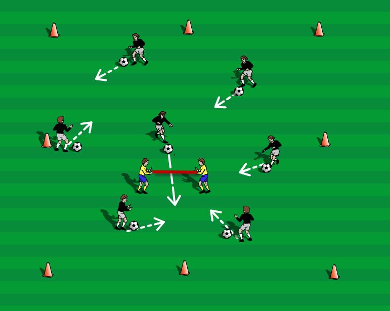 Each player with a ball try to shoot down as many cones as possible. The coaches, as soon as all the cones are down will re-set them.