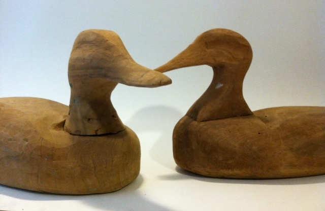 Lot 77 Pair of Maxine Autin unfinished pintails from Louisiana, circa 1950s. Cypress root construction, very folksy, bayou-esque form.